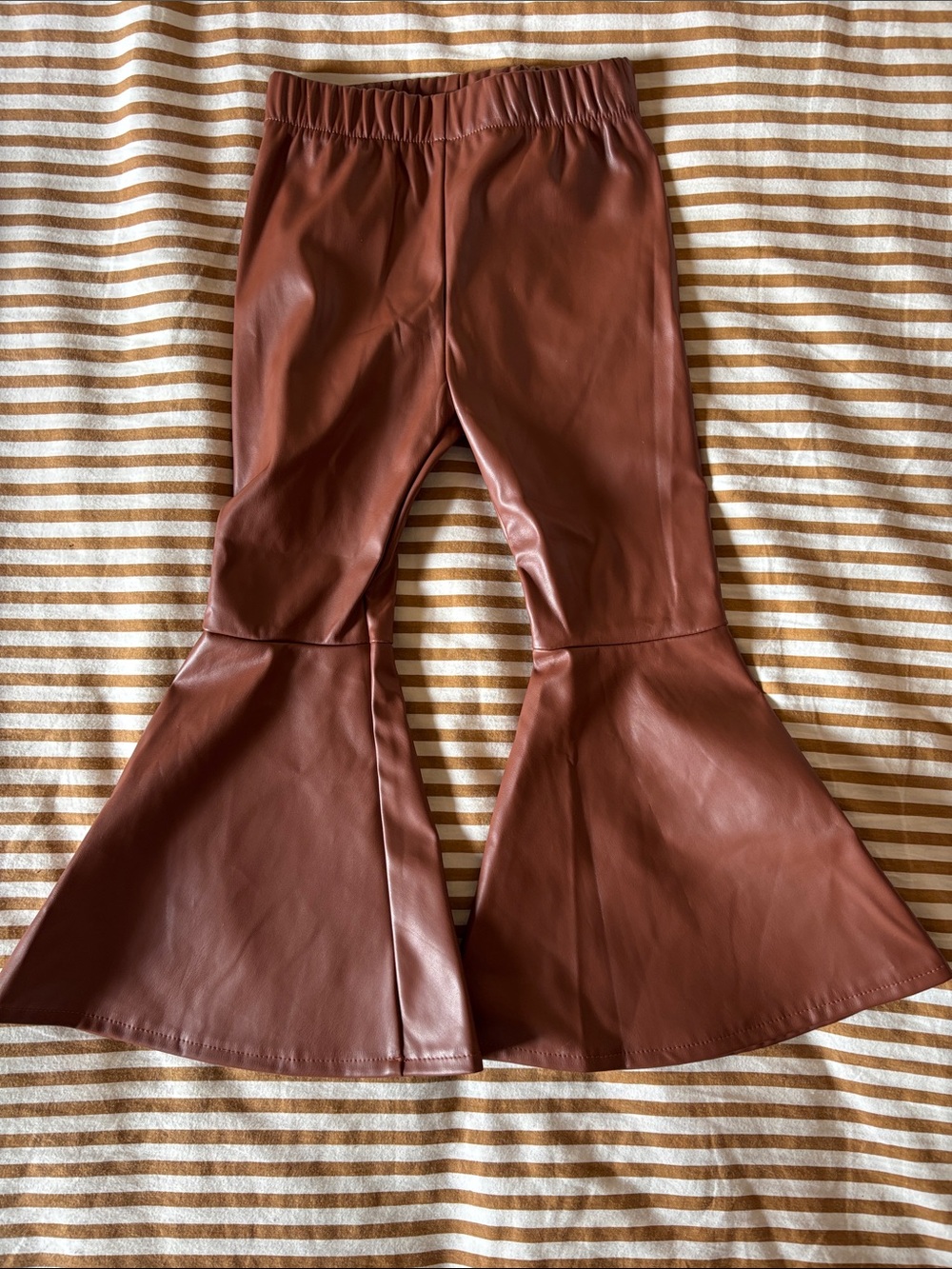 Kids Faux Leather Bell Bottom Pants - Brown